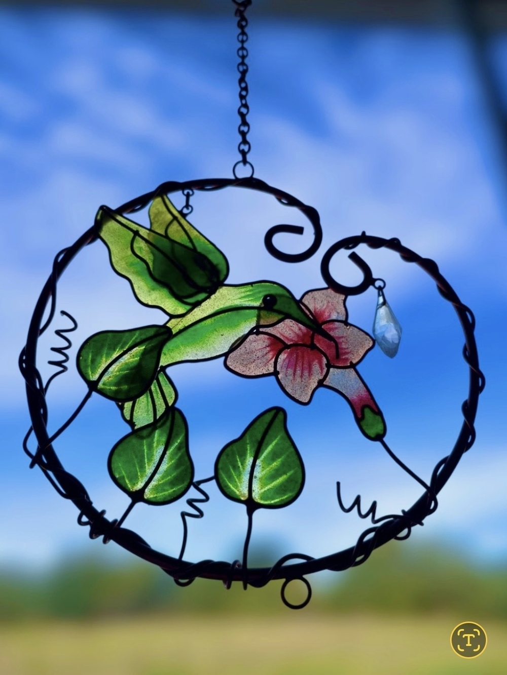 Stained Glass Hummingbird Window Ornament in Green and Pink